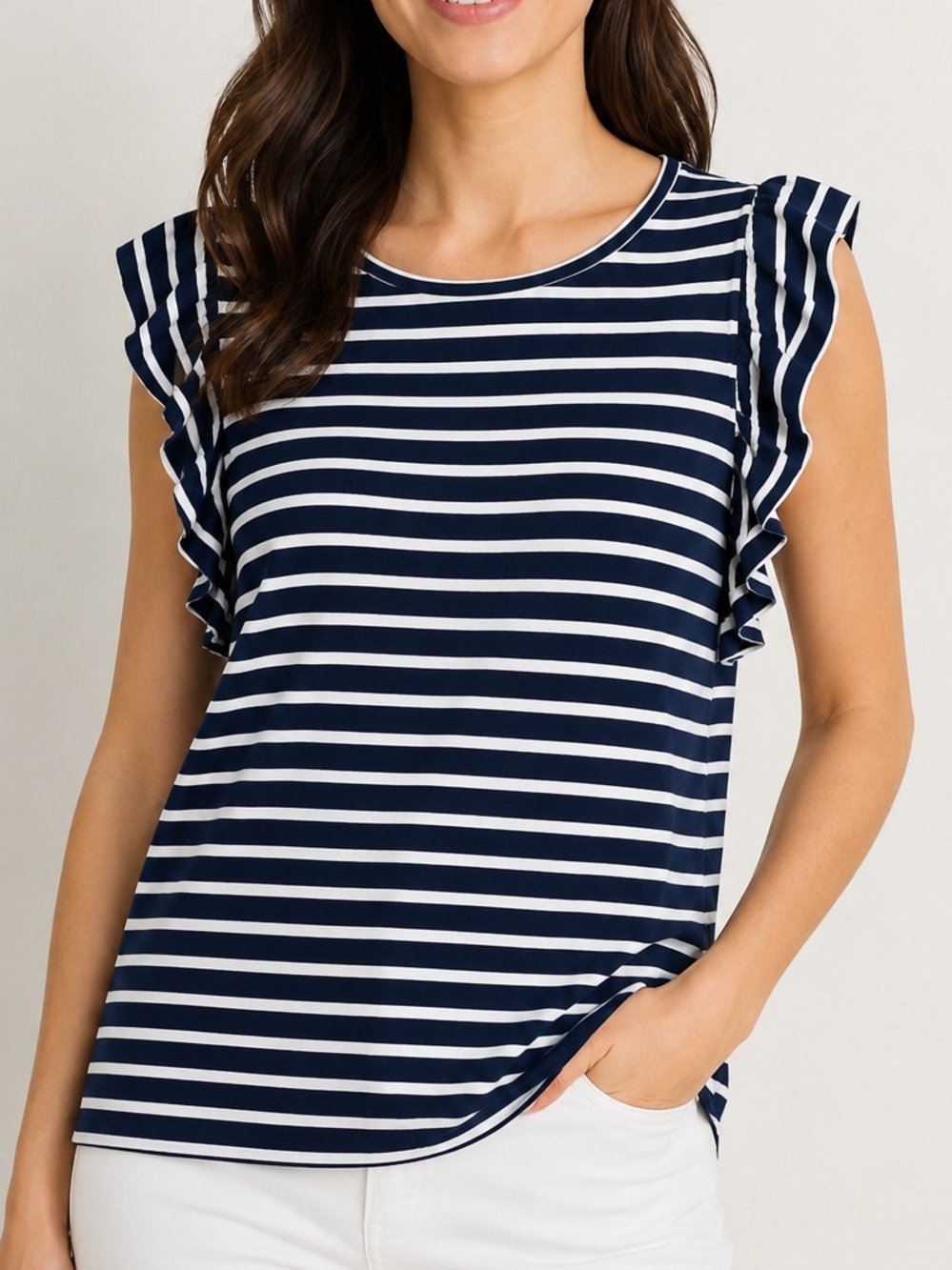 Ann Taylor Navy & White Striped Ruffle Sleeve Tank